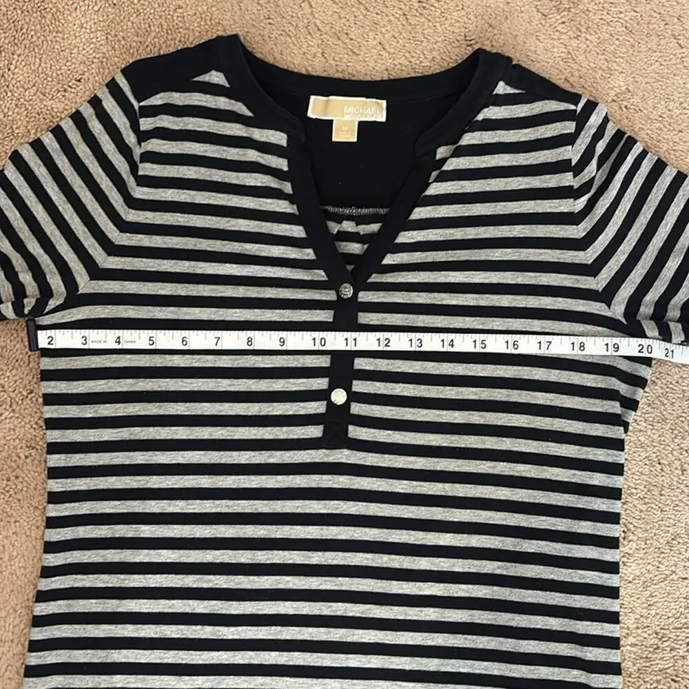 Michael Kors Women's Navy Grey Striped V-Neck Tunic Length Shirt MEDIUM Casual